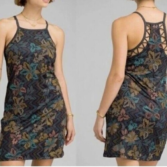 PRANA Ardor Dress Black Horchata Printed Floral Athletic Stretch Caged Size S - Picture 11 of 11